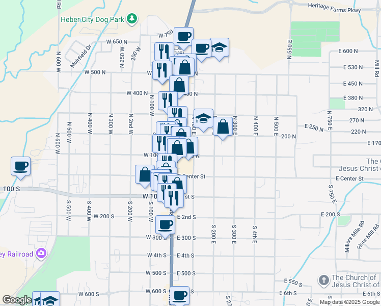 map of restaurants, bars, coffee shops, grocery stores, and more near 111 North 100 East in Heber City