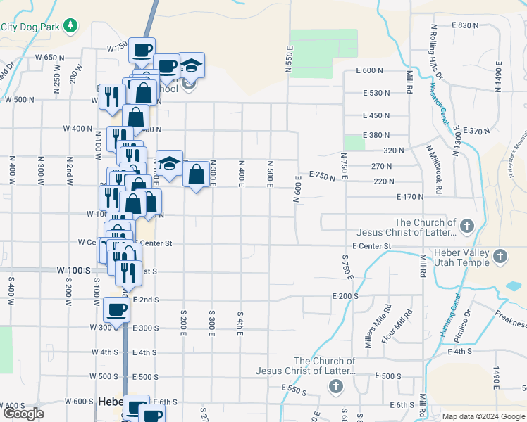 map of restaurants, bars, coffee shops, grocery stores, and more near 479 East 100 North in Heber City