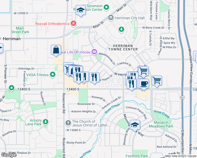 map of restaurants, bars, coffee shops, grocery stores, and more near 13343 Fallowfield Lane in Herriman