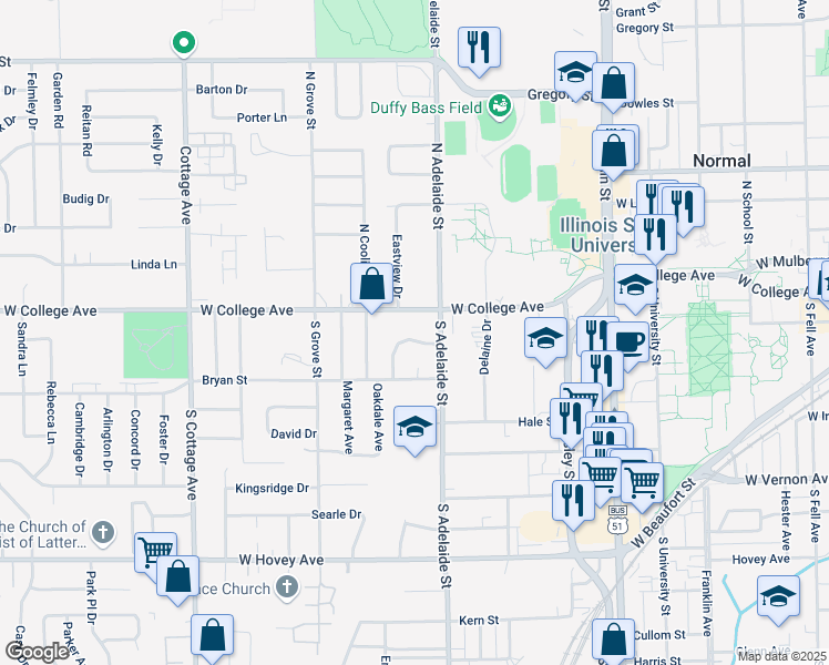 map of restaurants, bars, coffee shops, grocery stores, and more near 6 Wilmette Drive in Normal