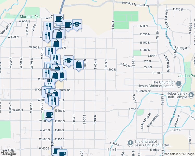 map of restaurants, bars, coffee shops, grocery stores, and more near 379 East 1st South in Heber City