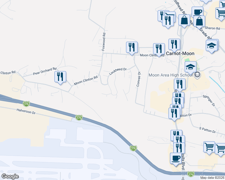 map of restaurants, bars, coffee shops, grocery stores, and more near 186 Lockheed Drive in Carnot-Moon