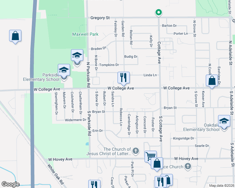 map of restaurants, bars, coffee shops, grocery stores, and more near 1706 Dunray Lane in Normal
