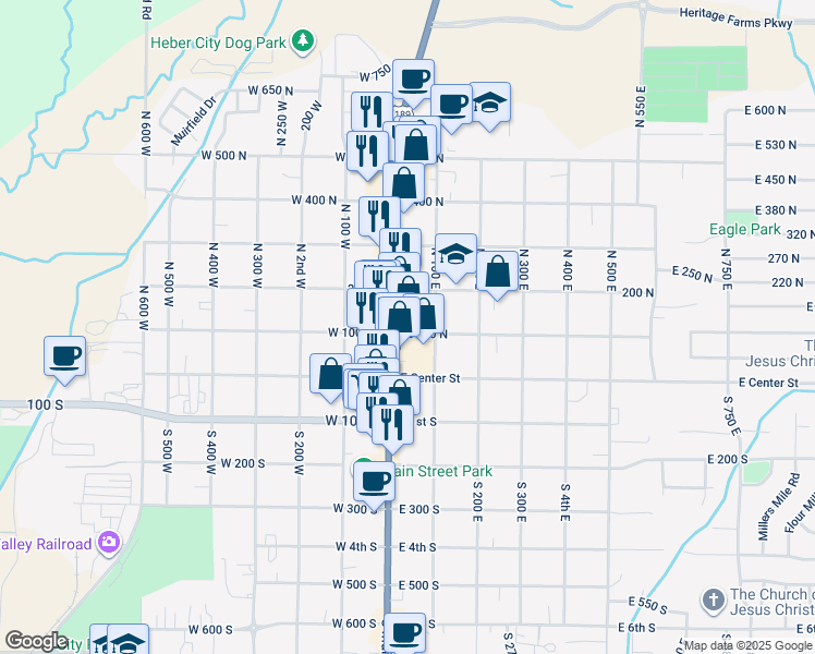 map of restaurants, bars, coffee shops, grocery stores, and more near 37 East 1st South in Heber City