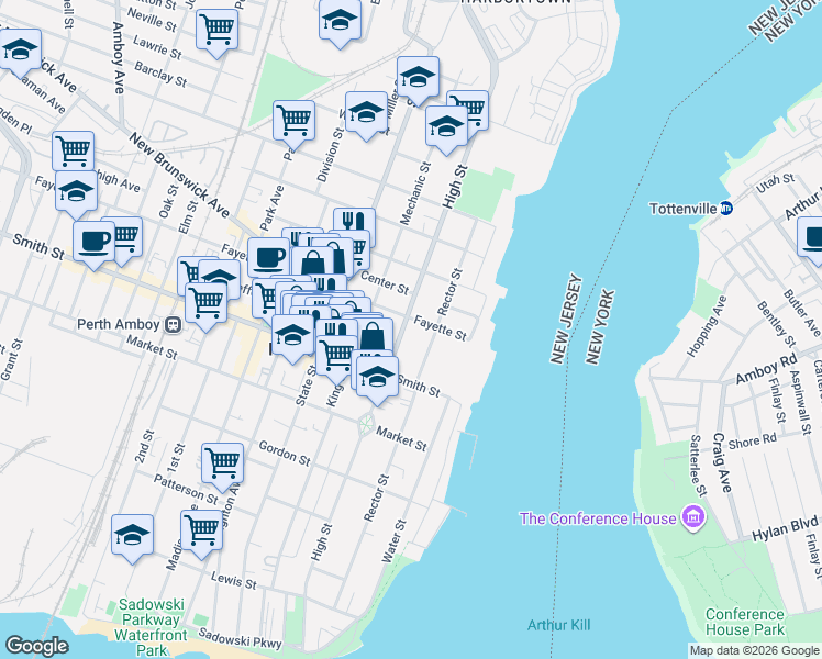 map of restaurants, bars, coffee shops, grocery stores, and more near 329 High Street in Perth Amboy