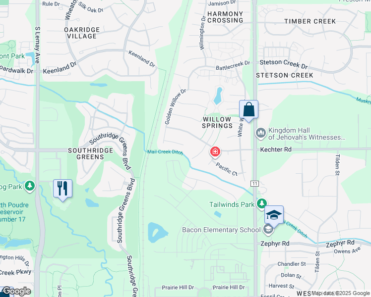 map of restaurants, bars, coffee shops, grocery stores, and more near 1633 Fantail Court in Fort Collins