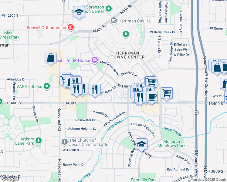 map of restaurants, bars, coffee shops, grocery stores, and more near 13349 Celestina Lane in Herriman