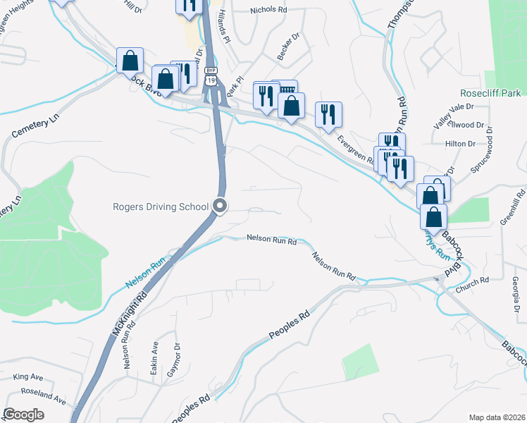 map of restaurants, bars, coffee shops, grocery stores, and more near 600 Stevens Drive in Pittsburgh
