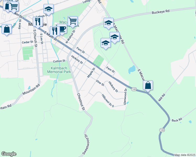 map of restaurants, bars, coffee shops, grocery stores, and more near 31 South Fairview Street in Macungie
