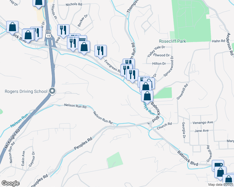 map of restaurants, bars, coffee shops, grocery stores, and more near 168 Rock Ridge Road in Pittsburgh