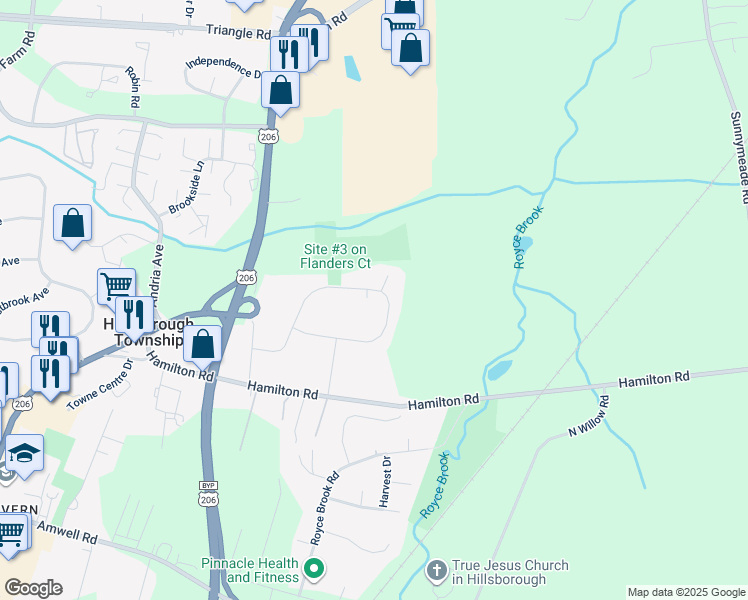 map of restaurants, bars, coffee shops, grocery stores, and more near 132 Flanders Drive in Somerset County