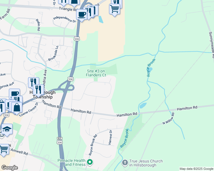 map of restaurants, bars, coffee shops, grocery stores, and more near 132 Flanders Drive in Somerset County