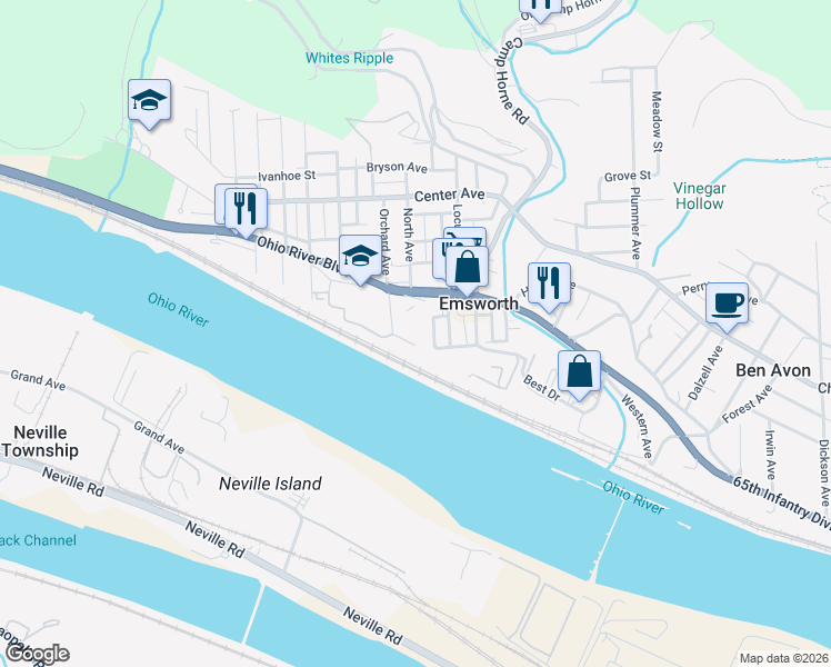 map of restaurants, bars, coffee shops, grocery stores, and more near 94 Maple Avenue in Pittsburgh