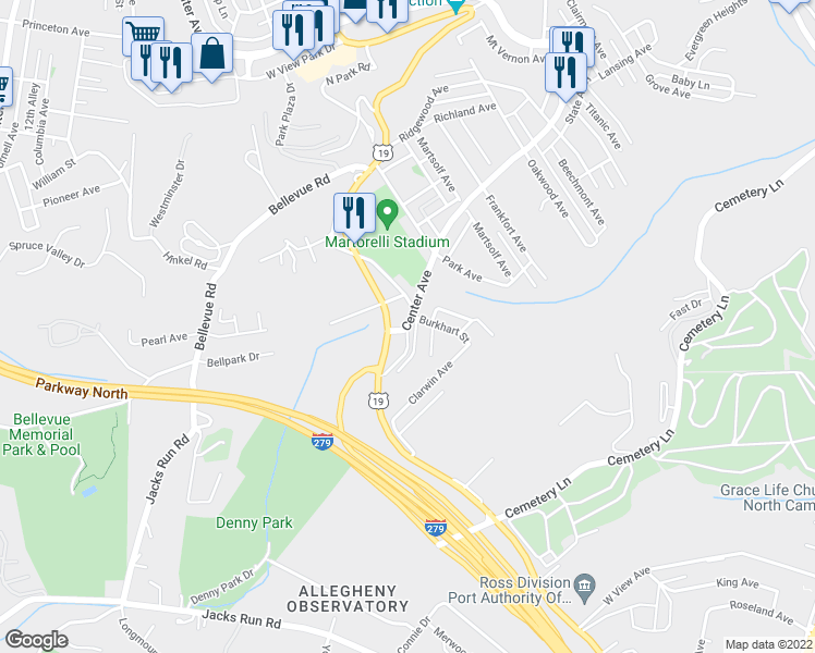 map of restaurants, bars, coffee shops, grocery stores, and more near 43 Center Avenue in Pittsburgh