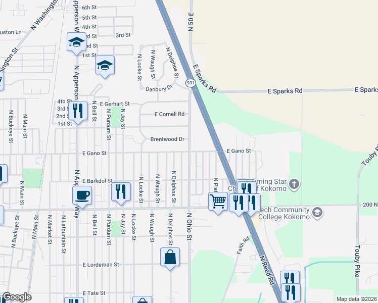 map of restaurants, bars, coffee shops, grocery stores, and more near 1199 E Gano St in Kokomo