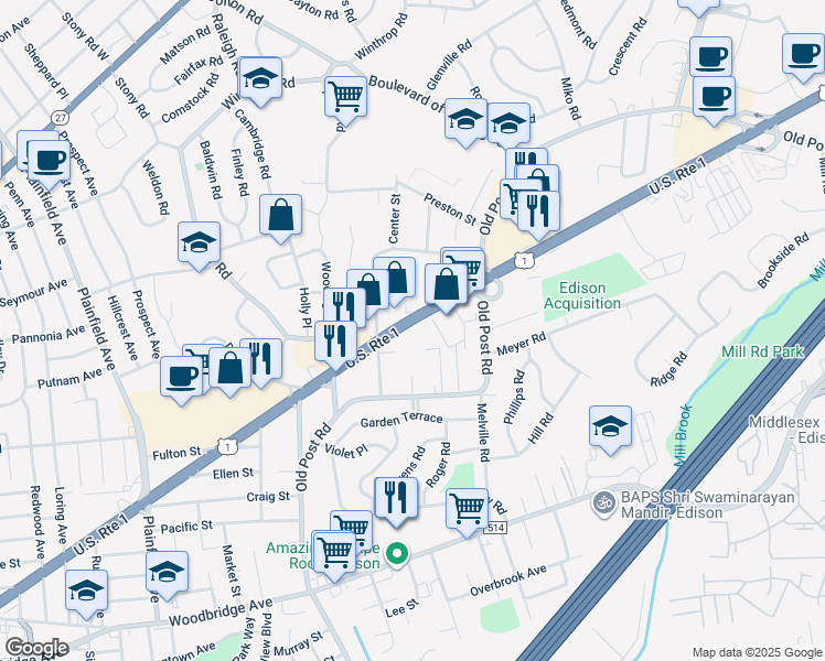 map of restaurants, bars, coffee shops, grocery stores, and more near 700 U.S. 1 in Edison