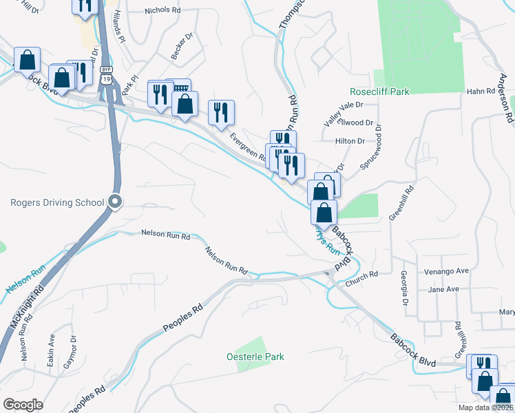 map of restaurants, bars, coffee shops, grocery stores, and more near 168 Rock Ridge Road in Pittsburgh