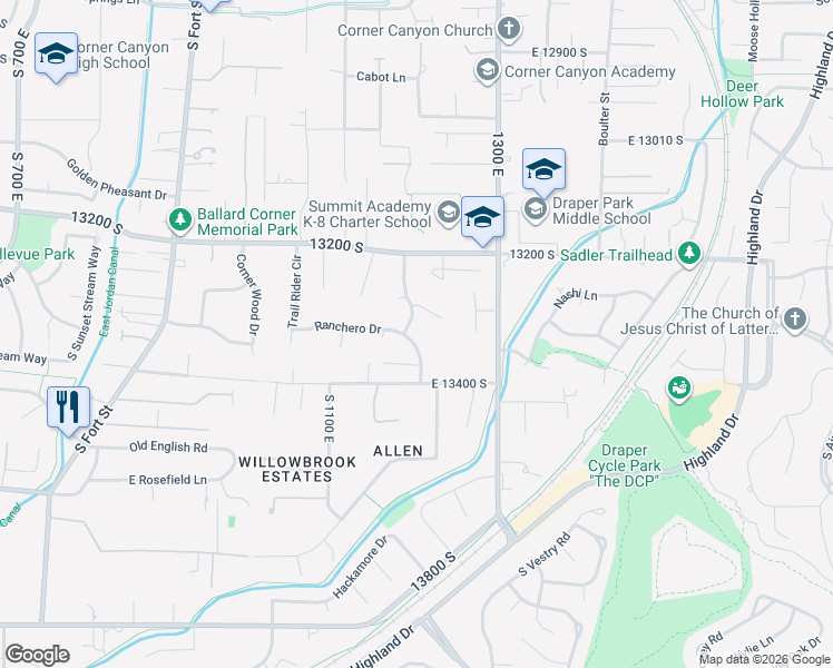map of restaurants, bars, coffee shops, grocery stores, and more near 13327 Ranchero Drive in Draper
