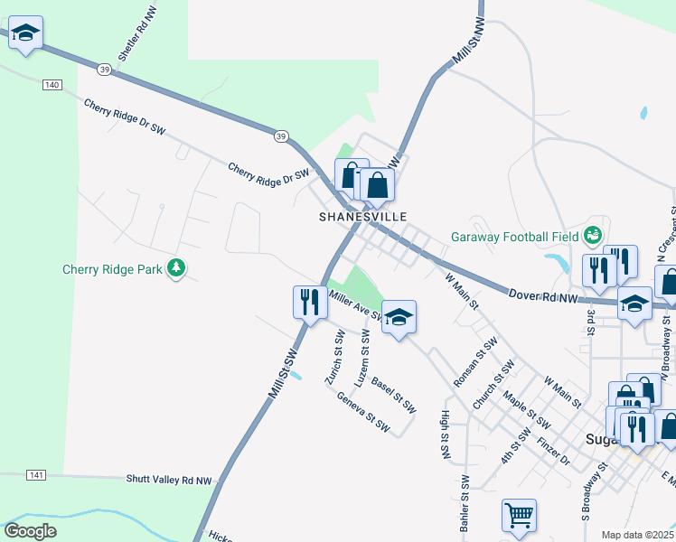 map of restaurants, bars, coffee shops, grocery stores, and more near 207 Mill Street Southwest in Sugarcreek