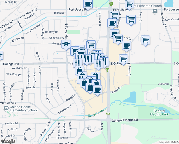 map of restaurants, bars, coffee shops, grocery stores, and more near 107 Mall Drive in Normal