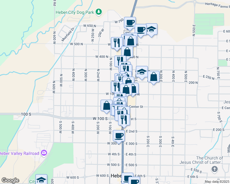 map of restaurants, bars, coffee shops, grocery stores, and more near 105 North Main Street in Heber City