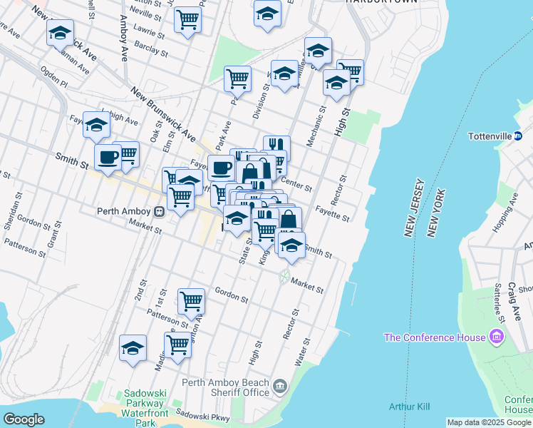 map of restaurants, bars, coffee shops, grocery stores, and more near 103 Jefferson Street in Perth Amboy
