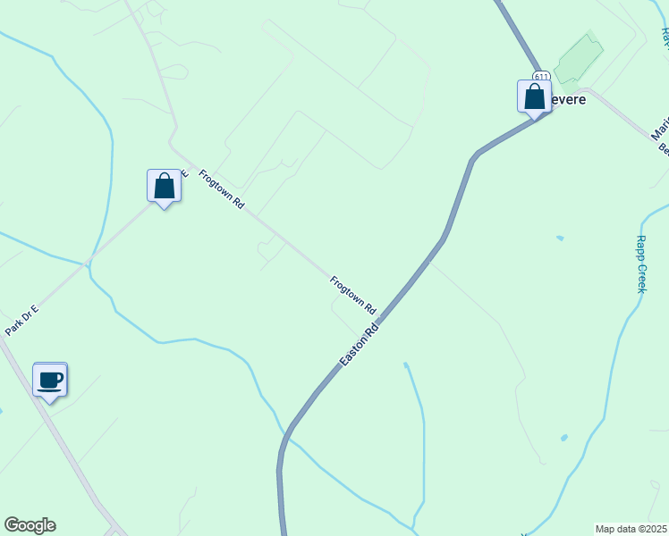 map of restaurants, bars, coffee shops, grocery stores, and more near 45 Frogtown Road in Ottsville
