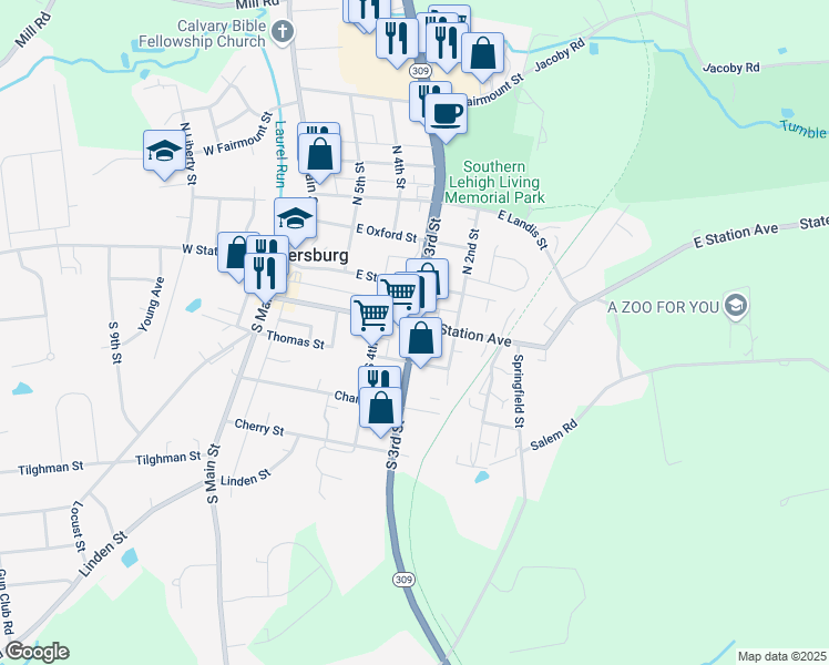 map of restaurants, bars, coffee shops, grocery stores, and more near 101 South 3rd Street in Coopersburg