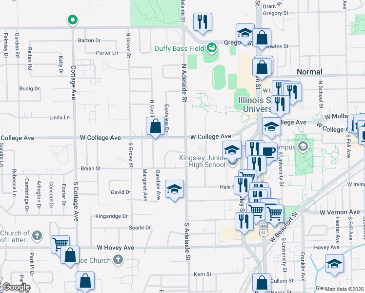 map of restaurants, bars, coffee shops, grocery stores, and more near 6 Wilmette Drive in Normal
