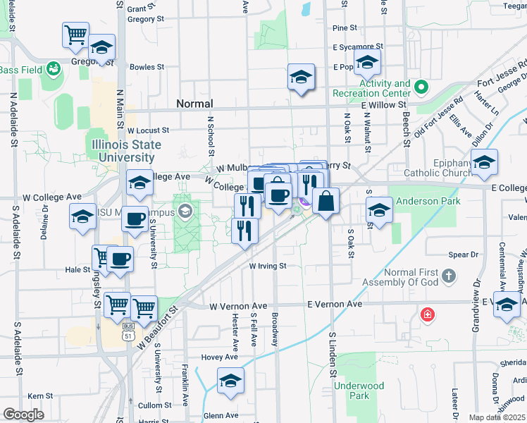 map of restaurants, bars, coffee shops, grocery stores, and more near 209 West North Street in Normal