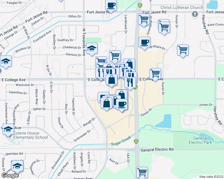 map of restaurants, bars, coffee shops, grocery stores, and more near 107 Mall Drive in Normal