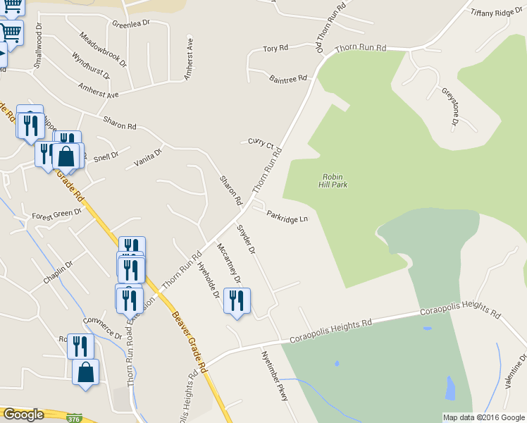 map of restaurants, bars, coffee shops, grocery stores, and more near 110 Parkridge Lane in Coraopolis