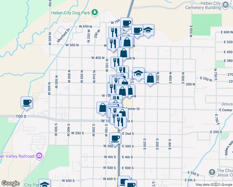 map of restaurants, bars, coffee shops, grocery stores, and more near 105 North Main Street in Heber City