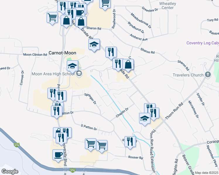 map of restaurants, bars, coffee shops, grocery stores, and more near 712 Forest Green Drive in Coraopolis