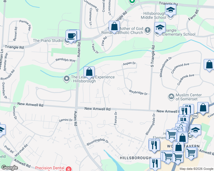 map of restaurants, bars, coffee shops, grocery stores, and more near 1506 William and Mary Common in Hillsborough Township