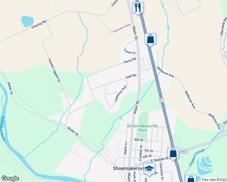 map of restaurants, bars, coffee shops, grocery stores, and more near 61 Clarence Avenue in Shoemakersville