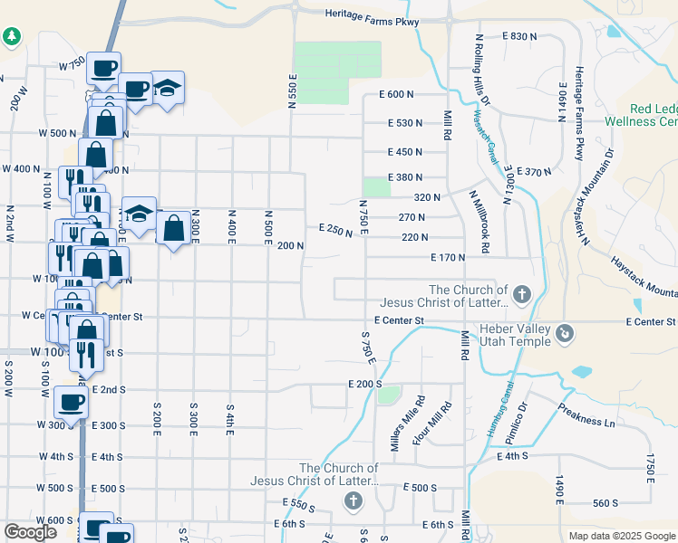 map of restaurants, bars, coffee shops, grocery stores, and more near 677 East 110 North in Heber City