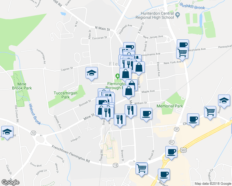 map of restaurants, bars, coffee shops, grocery stores, and more near 19 Park Avenue in Flemington