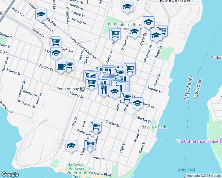 map of restaurants, bars, coffee shops, grocery stores, and more near 160 Smith Street in Perth Amboy