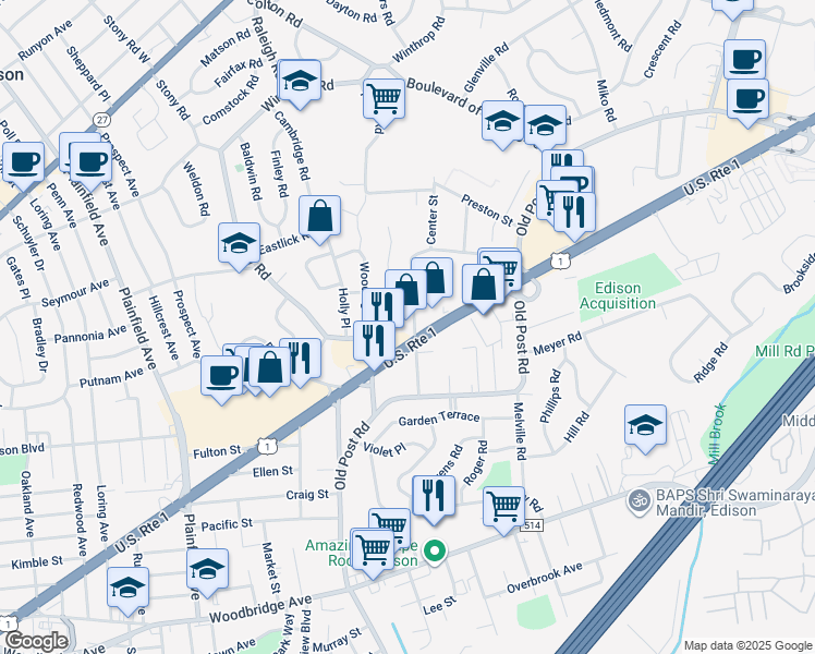 map of restaurants, bars, coffee shops, grocery stores, and more near 23 Brookside Road in Edison