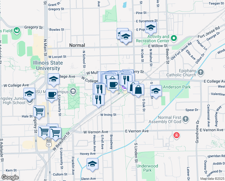 map of restaurants, bars, coffee shops, grocery stores, and more near in Bloomington