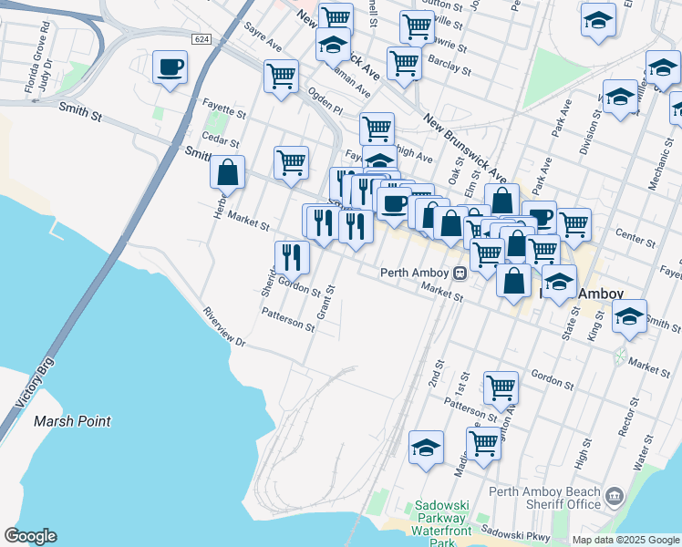 map of restaurants, bars, coffee shops, grocery stores, and more near 1 Olive Street in Perth Amboy
