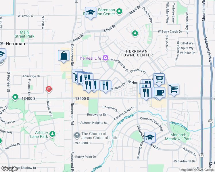 map of restaurants, bars, coffee shops, grocery stores, and more near 5354 Sonova Lane in Herriman