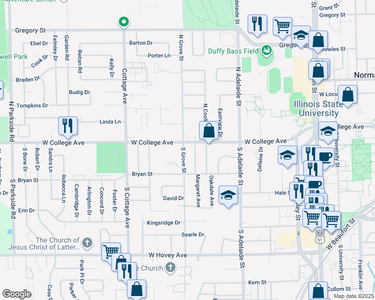 map of restaurants, bars, coffee shops, grocery stores, and more near 205 Keiser Avenue in Normal