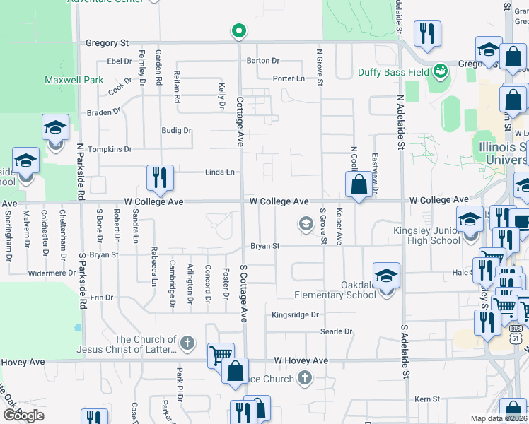 map of restaurants, bars, coffee shops, grocery stores, and more near 106 Nottingham Chase in Normal