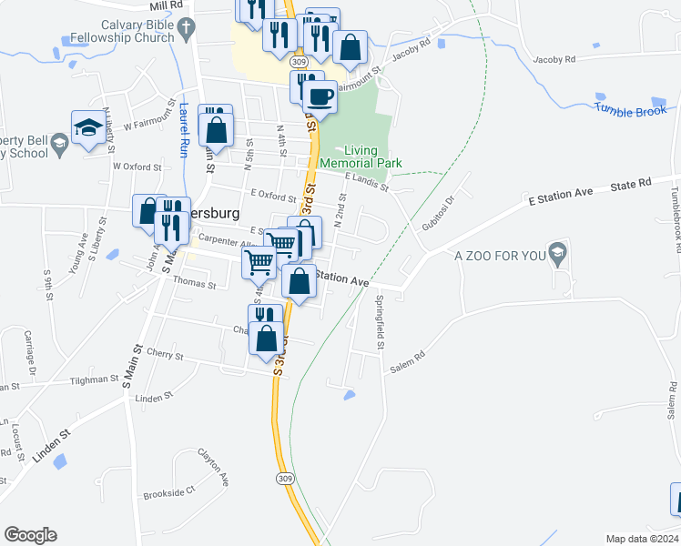 map of restaurants, bars, coffee shops, grocery stores, and more near 127 East Station Avenue in Coopersburg