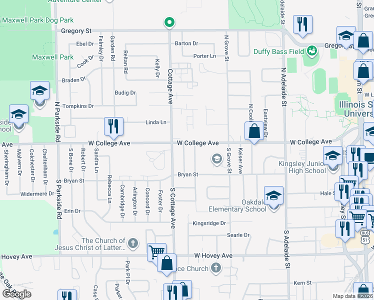 map of restaurants, bars, coffee shops, grocery stores, and more near 106 Nottingham Chase in Normal