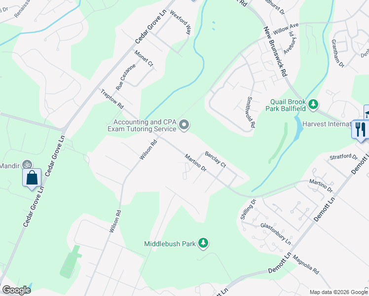 map of restaurants, bars, coffee shops, grocery stores, and more near Eton Way & Steeplechase Court in Franklin Township