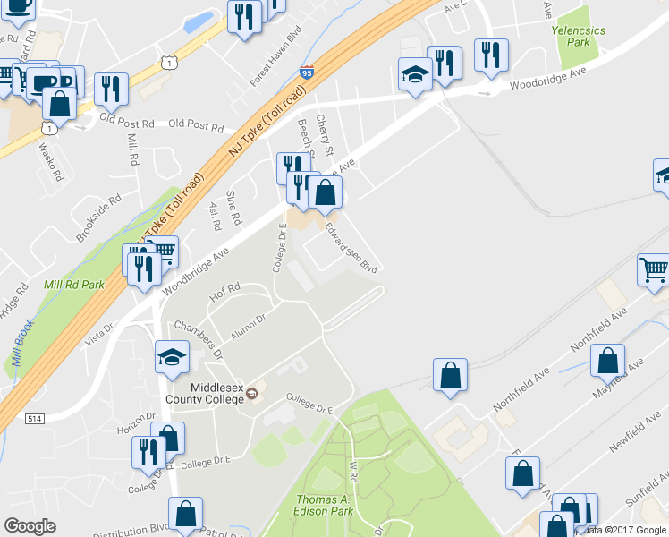 map of restaurants, bars, coffee shops, grocery stores, and more near 2224 Edward Stec Boulevard in Edison