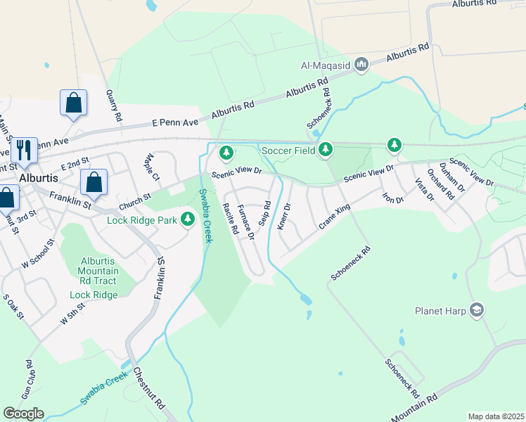 map of restaurants, bars, coffee shops, grocery stores, and more near 7680 Barrow Drive in Macungie